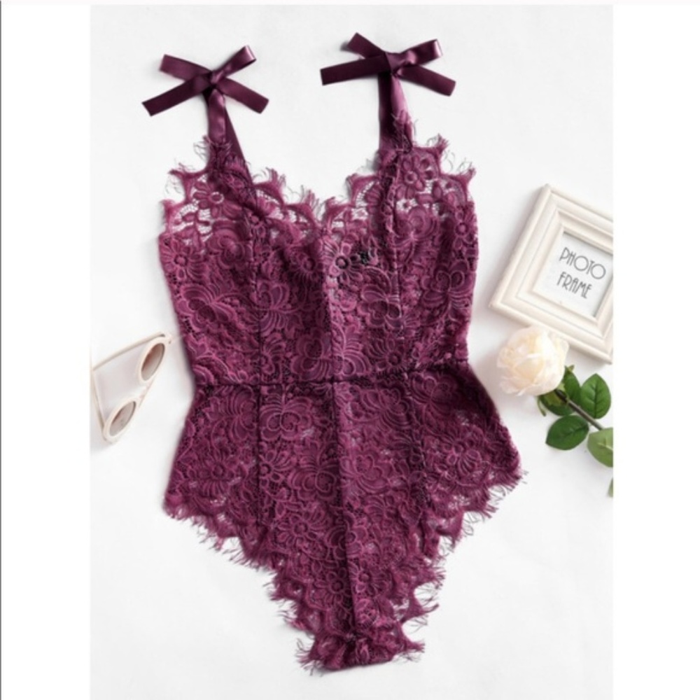SALE! Teddy Bodysuit Lace /Satin Tie Top Maroon